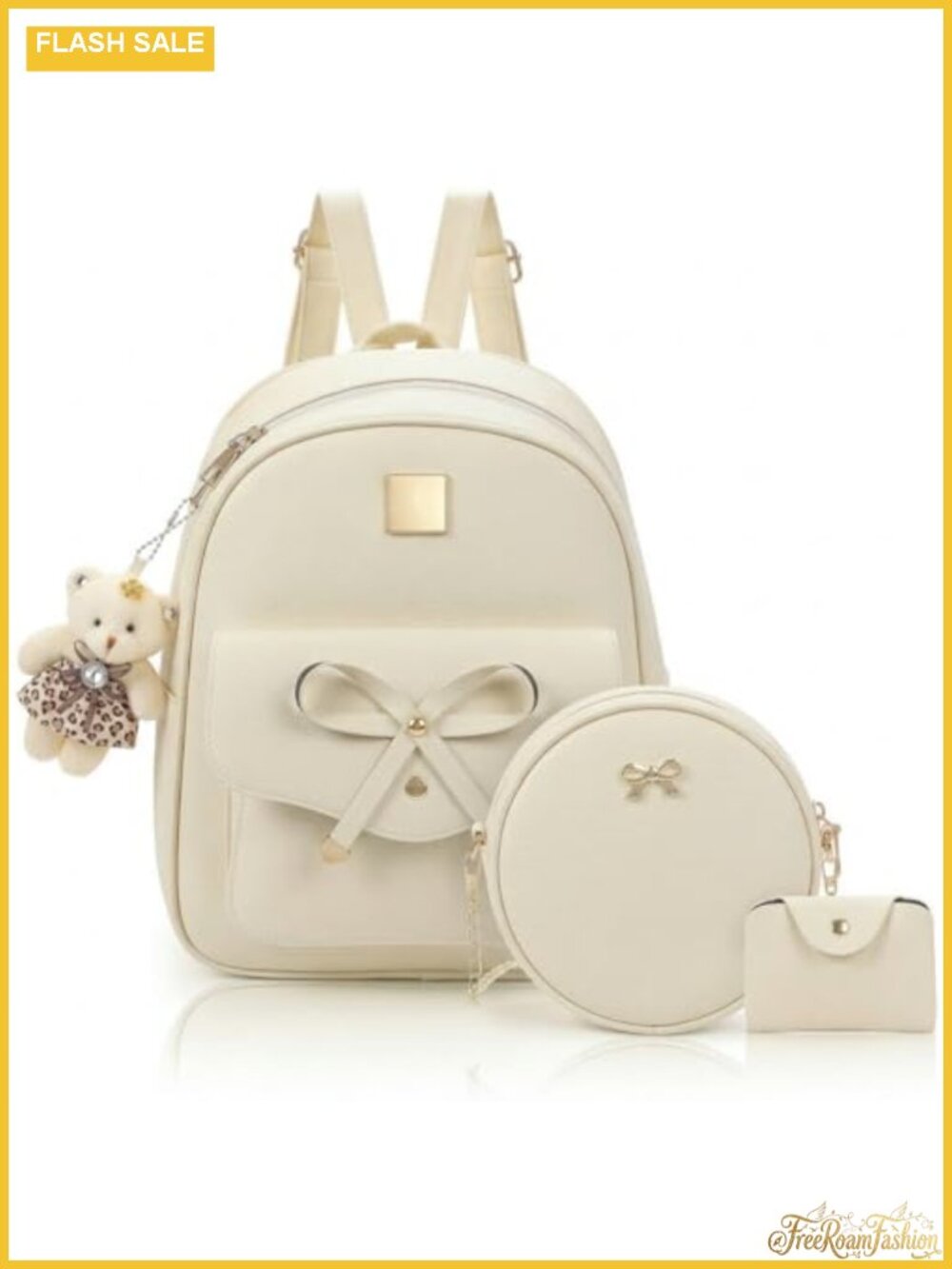 3-Piece Faux Leather Backpack Purse Set with Bowknot & Bear Pendant